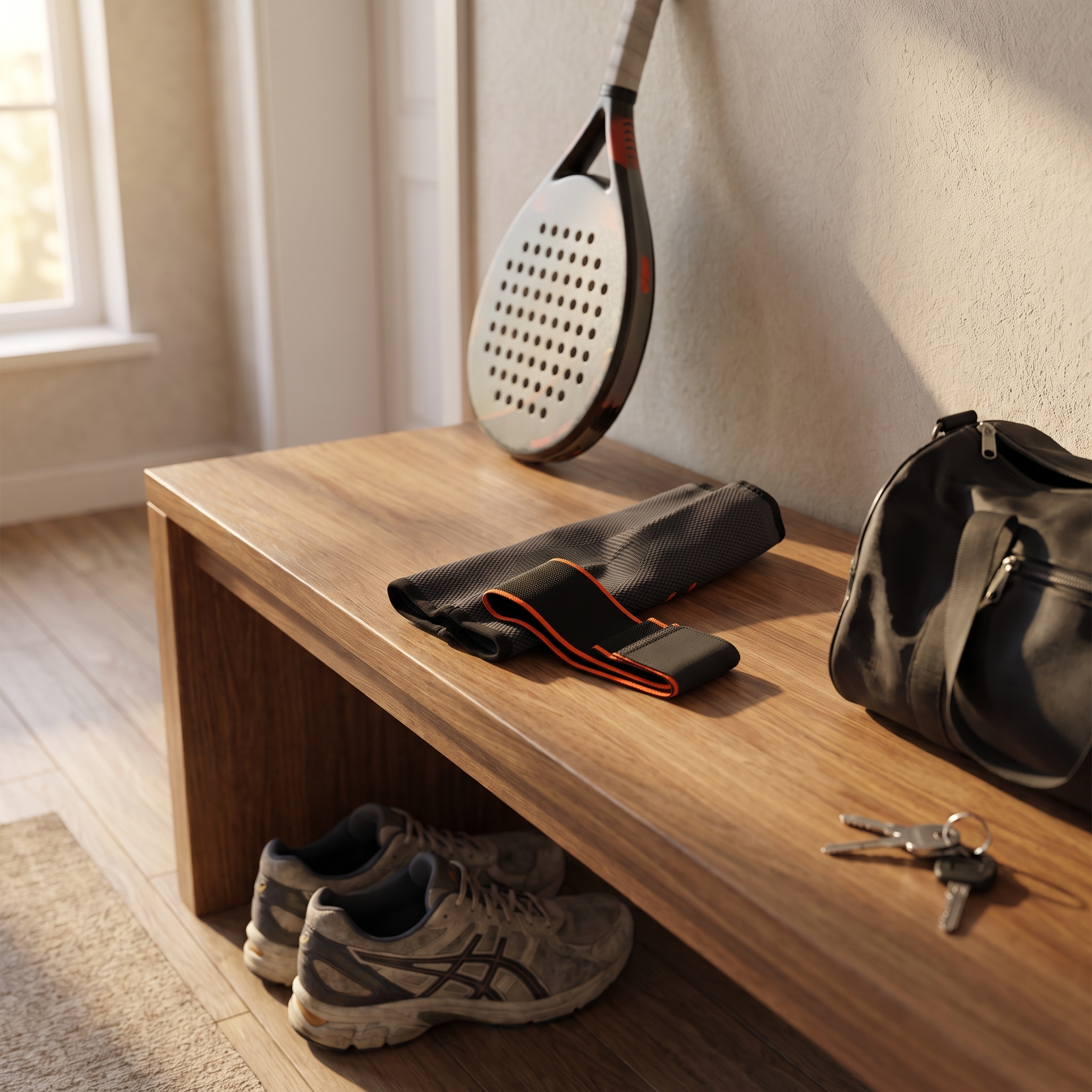Sameo elbow brace on a bench next to a padel racket
