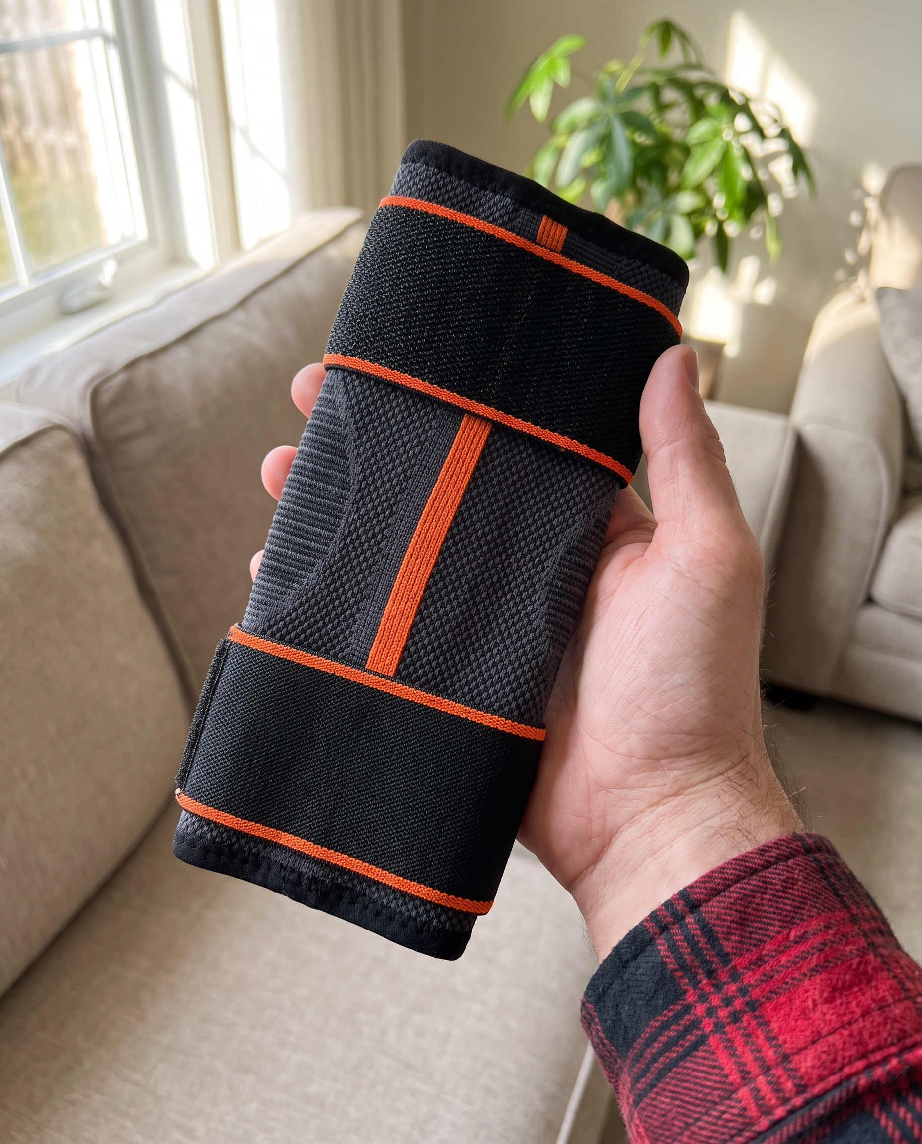 The Sameo elbow brace held in hand, knit and strap visible