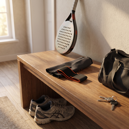 Sameo elbow brace on a bench next to a padel racket
