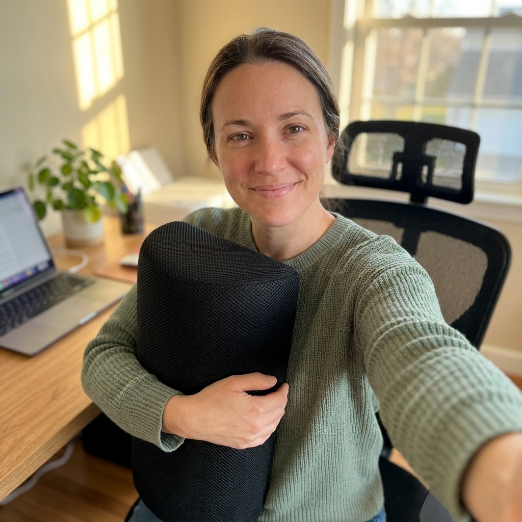 Customer with her Sameo footrest at her desk
