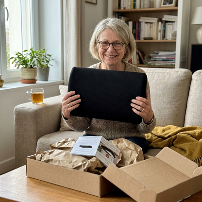 Customer unboxing the Sameo footrest at home